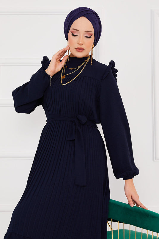 Ruffled Pleated Hijab Dress Navy Blue