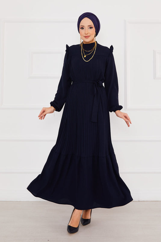 Ruffled Pleated Hijab Dress Navy Blue