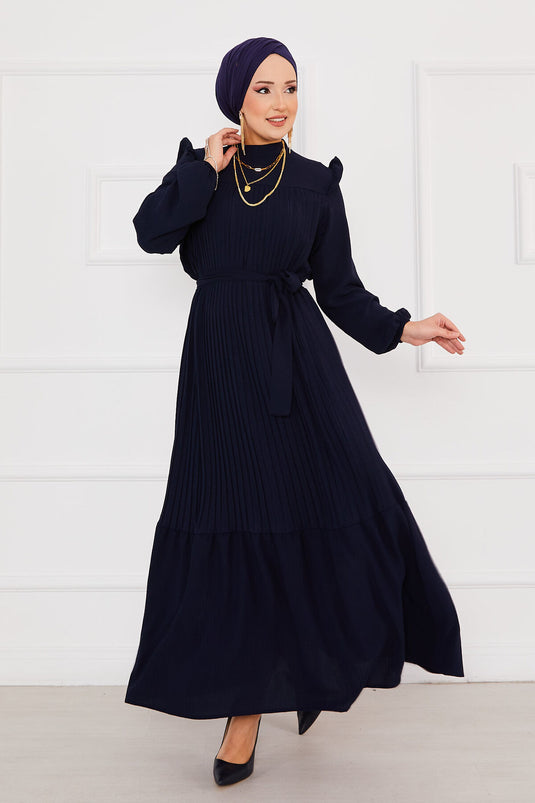 Ruffled Pleated Hijab Dress Navy Blue