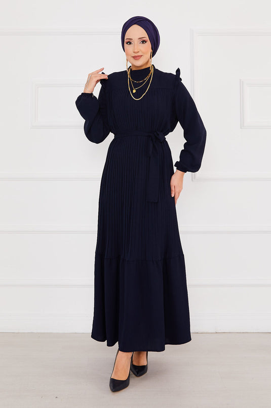 Ruffled Pleated Hijab Dress Navy Blue