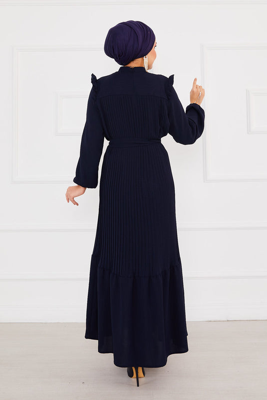 Ruffled Pleated Hijab Dress Navy Blue