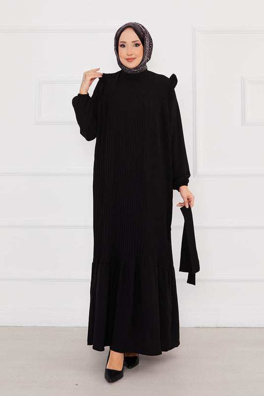 Robe Hijab Plissée avec Épaules Volantes Noire