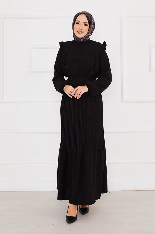 Robe Hijab Plissée avec Épaules Volantes Noire