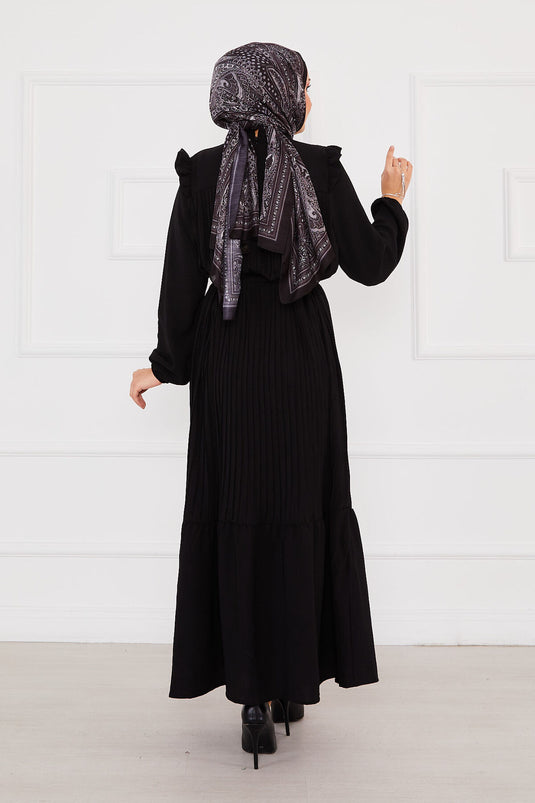 Plissiertes Hijab Kleid mit gerüschten Schultern Schwarz