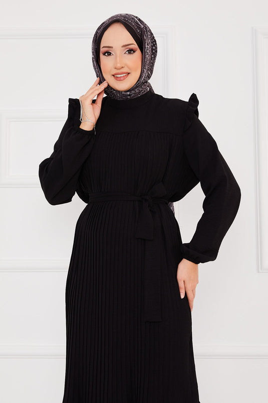 Robe Hijab Plissée avec Épaules Volantes Noire