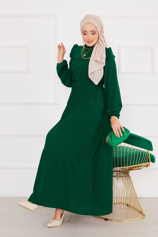 Frilled Pleated Hijab Dress Emerald