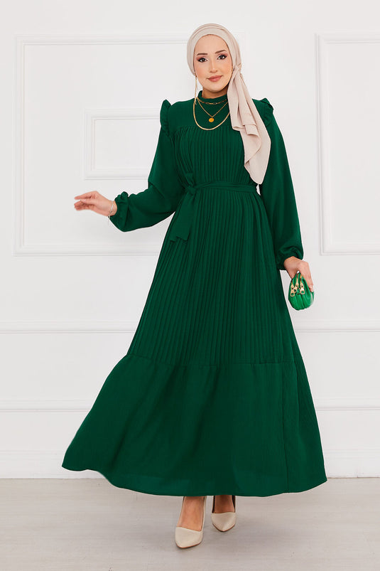 Frilled Pleated Hijab Dress Emerald