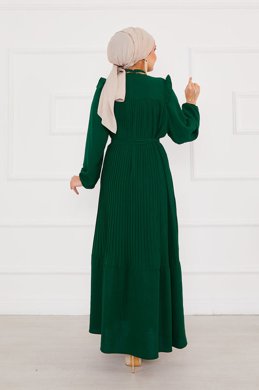 Frilled Pleated Hijab Dress Emerald