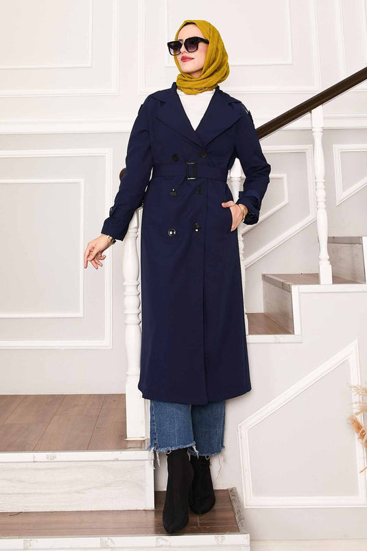 Trench-coat imperméable avec ceinture sur les manches, bleu marine