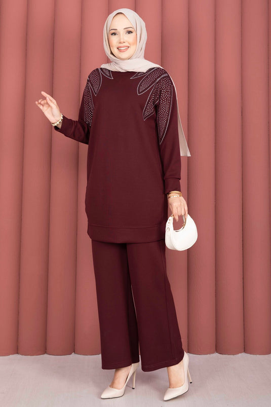 Omzu Taşlı Tunik Pantolon İkili Takım Bordo