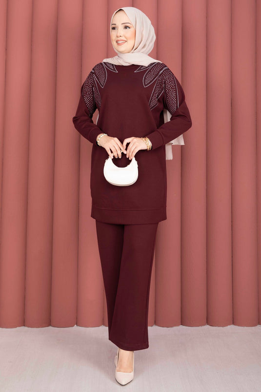 Omzu Taşlı Tunik Pantolon İkili Takım Bordo
