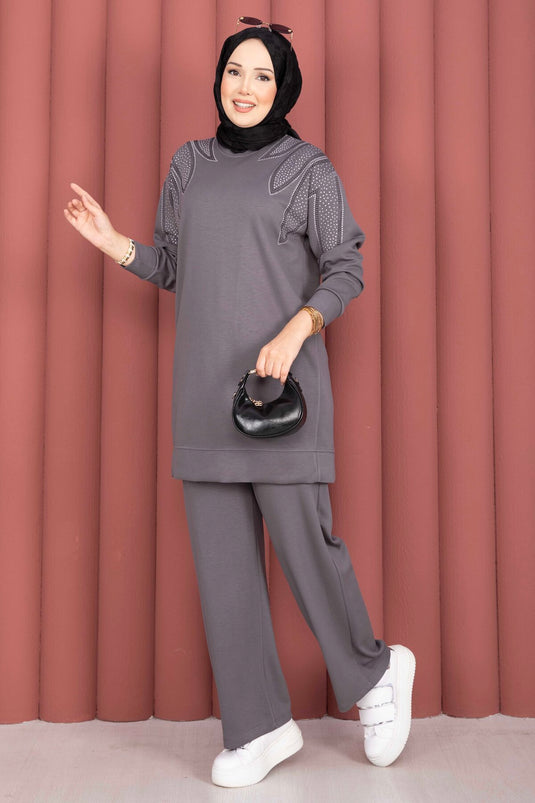 Omzu Taşlı Tunik Pantolon İkili Takım Gri