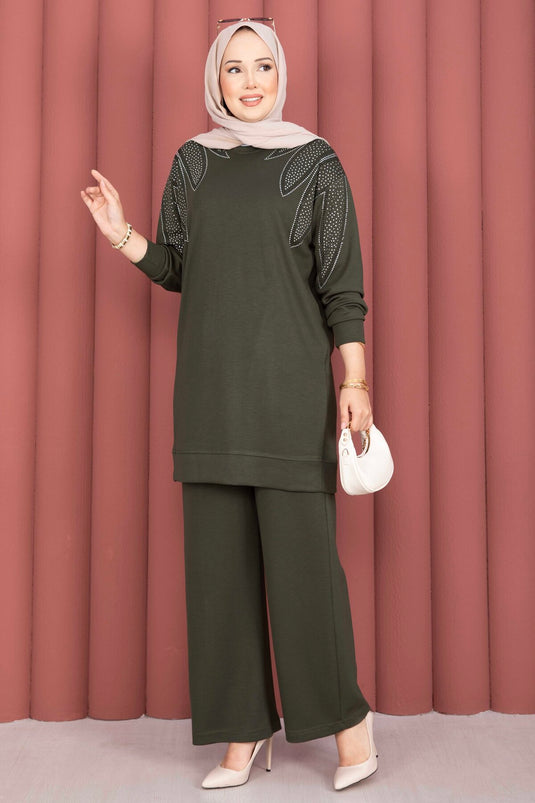 Omzu Taşlı Tunik Pantolon İkili Takım Haki