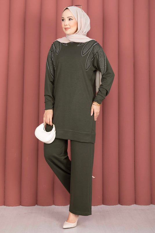 Omzu Taşlı Tunik Pantolon İkili Takım Haki