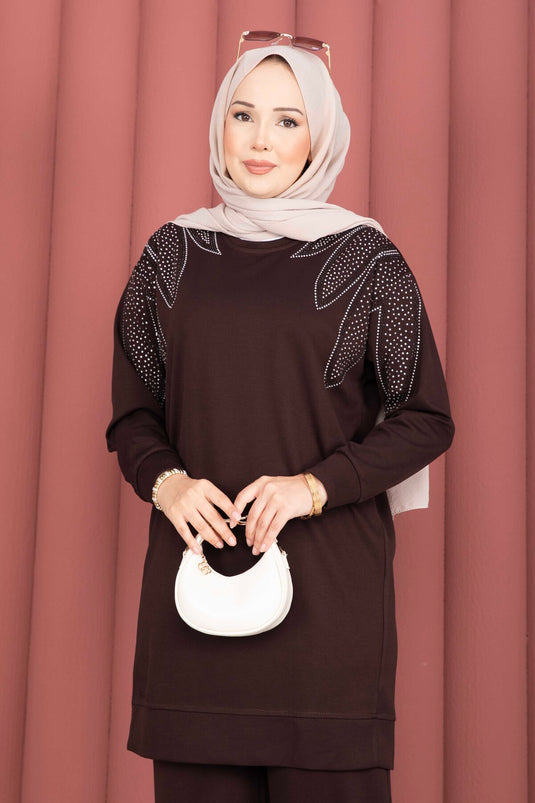 Omzu Taşlı Tunik Pantolon İkili Takım Kahve