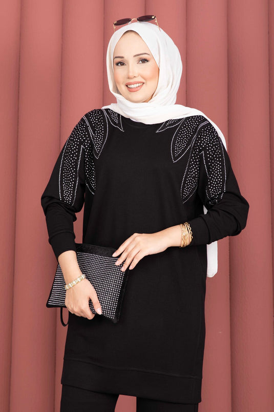 Omzu Taşlı Tunik Pantolon İkili Takım Siyah