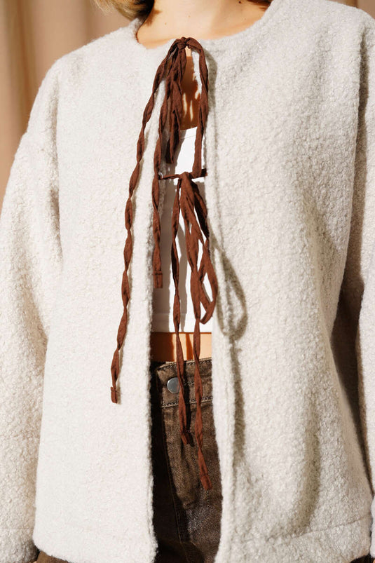 Cardigan with Front Lace Detail in Stone