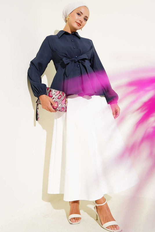 Tunique à manches élastiques nouées devant bleu marine