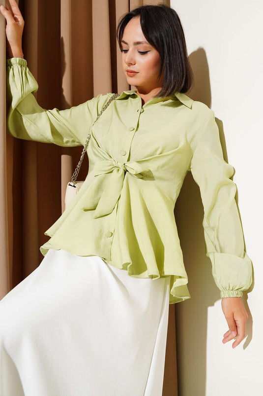 Tunique à manches élastiques nouées devant, vert aqua