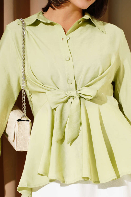 Tunique à manches élastiques nouées devant, vert aqua