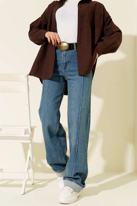 Jean palazzo à coutures apparentes, bleu clair