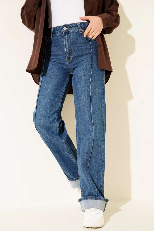 Ön Dikişli Palazzo Kot Pantolon Mavi