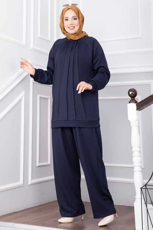 Ensemble Pantalon Avec Détails En Pile Bleu Marine