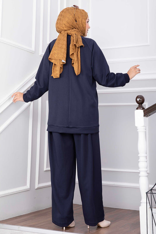 Ensemble Pantalon Avec Détails En Pile Bleu Marine
