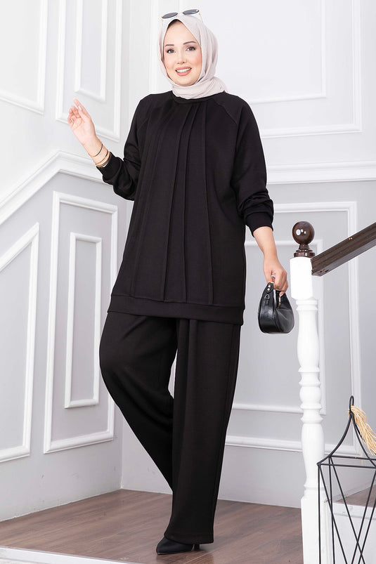 Conjunto De Pantalón Con Detalle De Pila Frontal En Negro