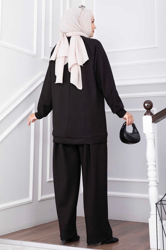 Conjunto De Pantalón Con Detalle De Pila Frontal En Negro