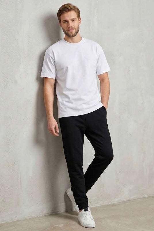 Ön Ve Arka Nakışlı Oversize Erkek T-shirt Beyaz