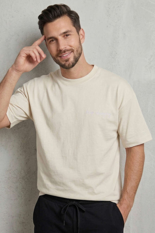 Ön Ve Arka Nakışlı Oversize Erkek T-shirt Kemik