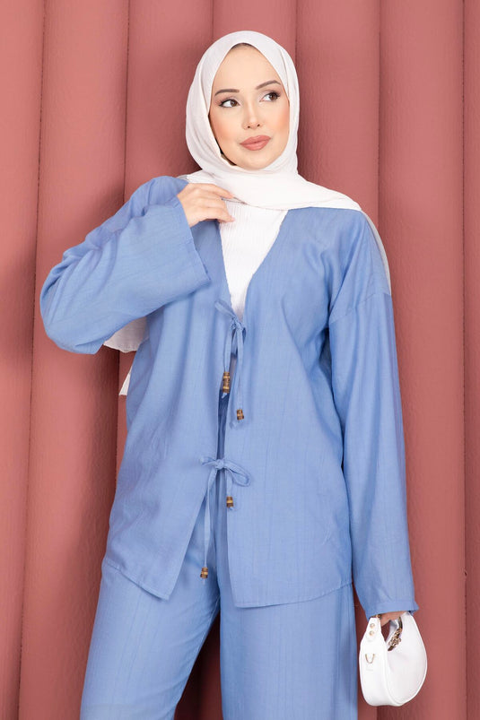 Baby Blue Two-Piece Suit with Front Lace Detail and Trousers
