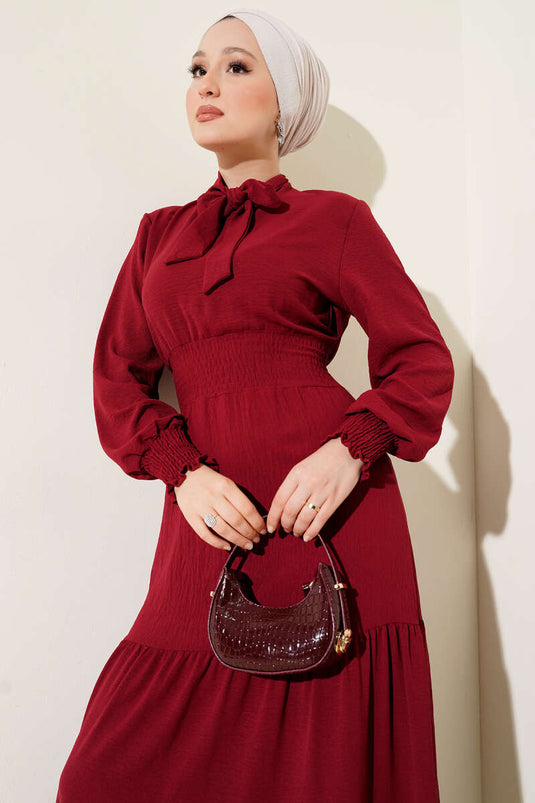 Elastic Dress with Front Tie Detail, Burgundy