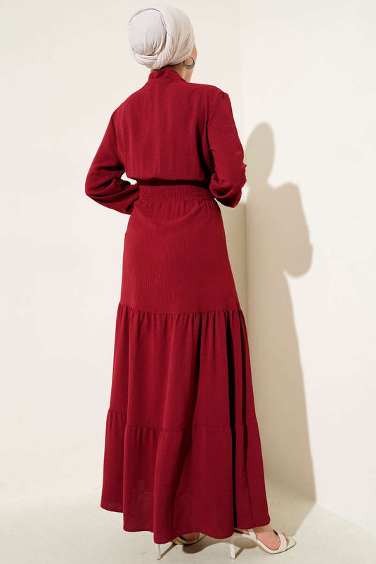 Elastic Dress with Front Tie Detail, Burgundy