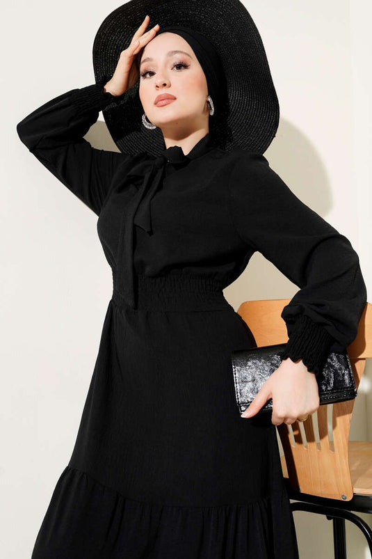 Elastic Dress with Front Tie Detail, Black