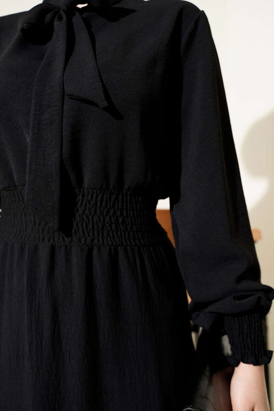 Elastic Dress with Front Tie Detail, Black