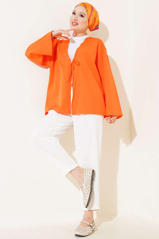 Önden Bağlama Detaylı Terikoton Kimono Oranj