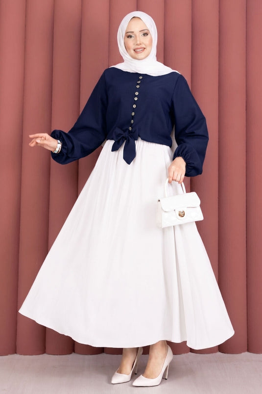 Front-Tied Top Over Skirt Blouse Navy Blue