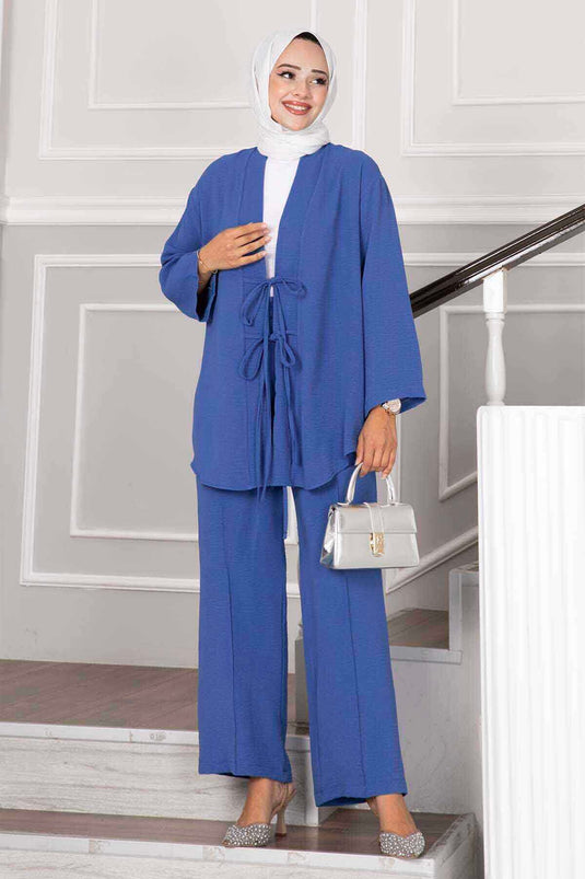 Front Tie Kimono Aerobin Modest Two-Piece Set Indigo