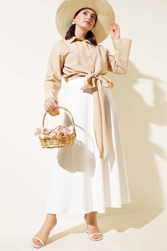 Korte blouse met strik aan de voorkant, beige