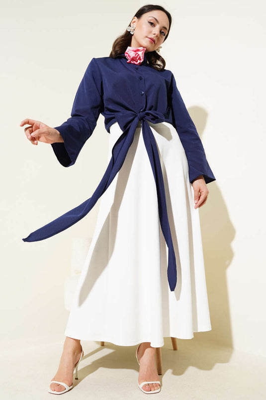 Korte blouse met strik aan de voorkant, marineblauw