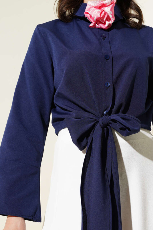 Korte blouse met strik aan de voorkant, marineblauw