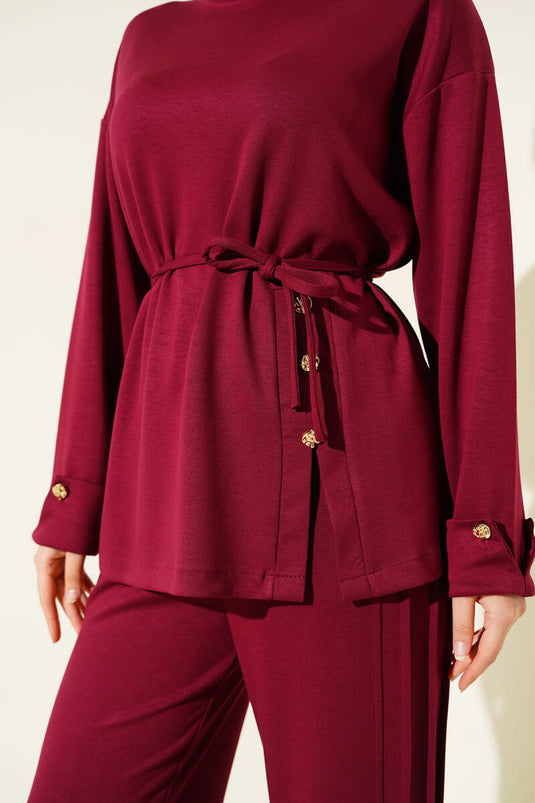 Button Detailed Front Laced Two Piece Suit Burgundy