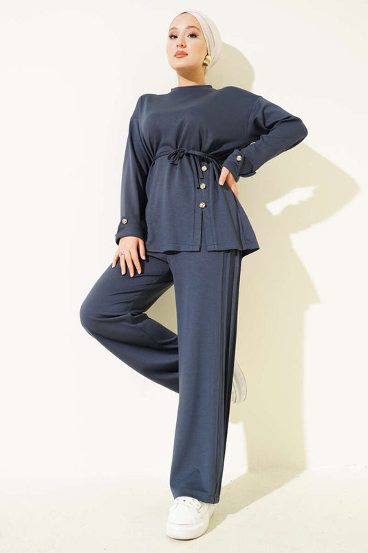 Button Detailed Front Laced Two Piece Suit Smoke