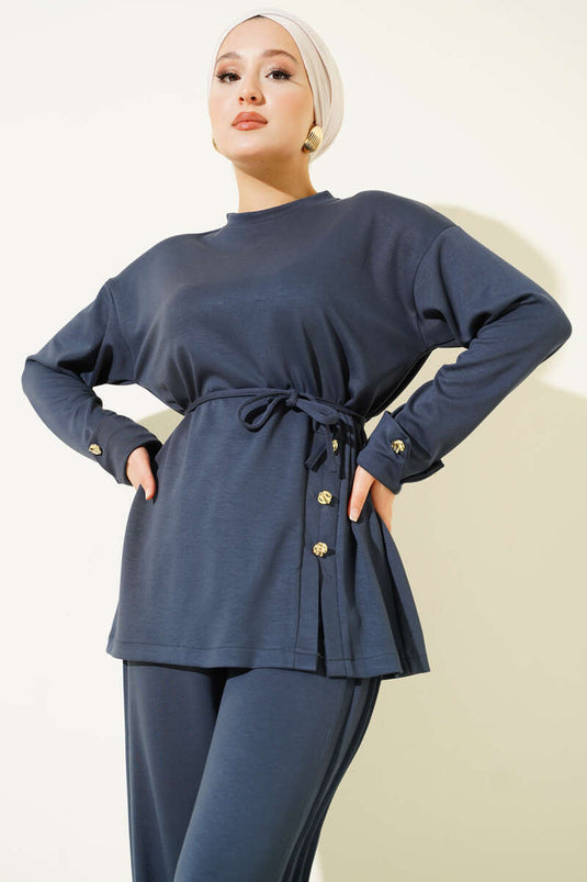 Button Detailed Front Laced Two Piece Suit Smoke