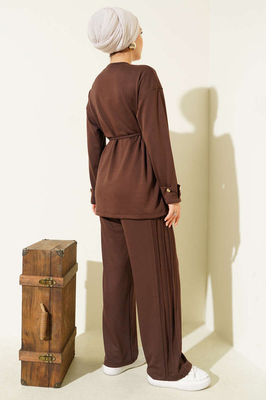 Önden Düğme Detaylı İp Bağcıklı İkili Takım Kahverengi