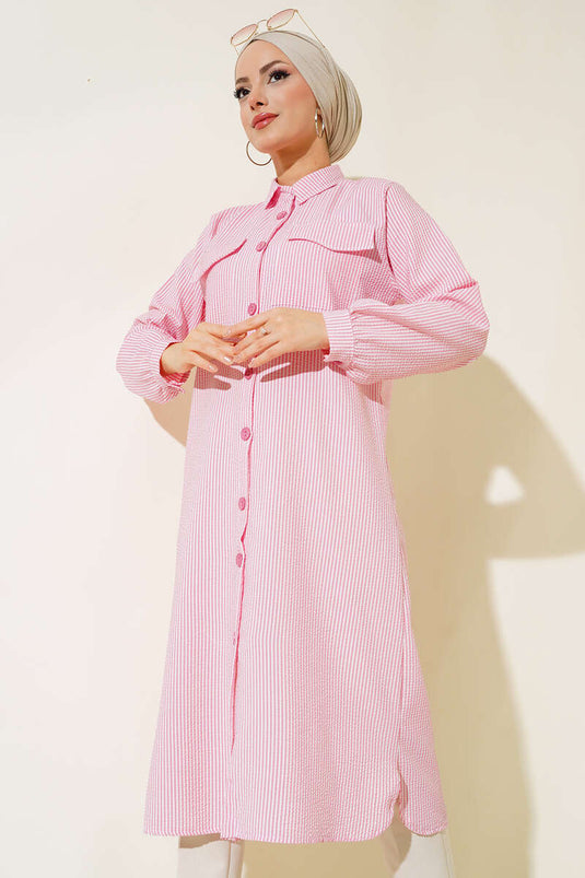 Önden Düğmeli Çizgili Gofre Tunik Pembe