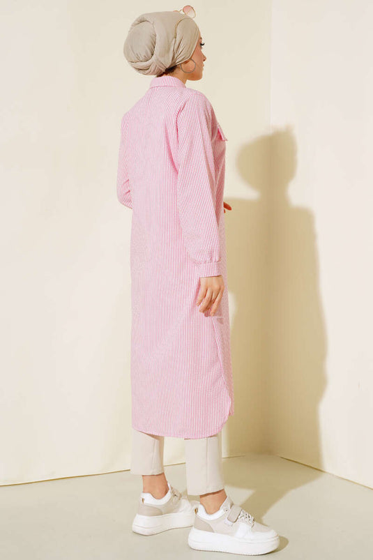 Önden Düğmeli Çizgili Gofre Tunik Pembe