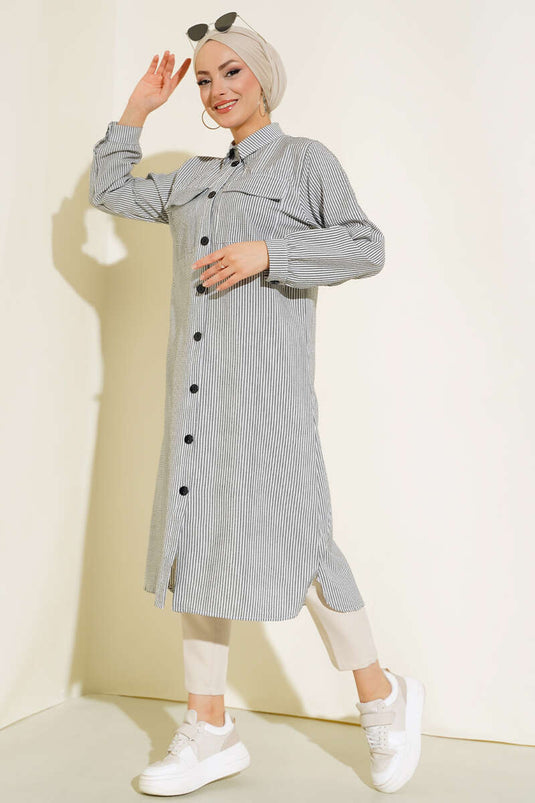 Önden Düğmeli Çizgili Gofre Tunik Siyah